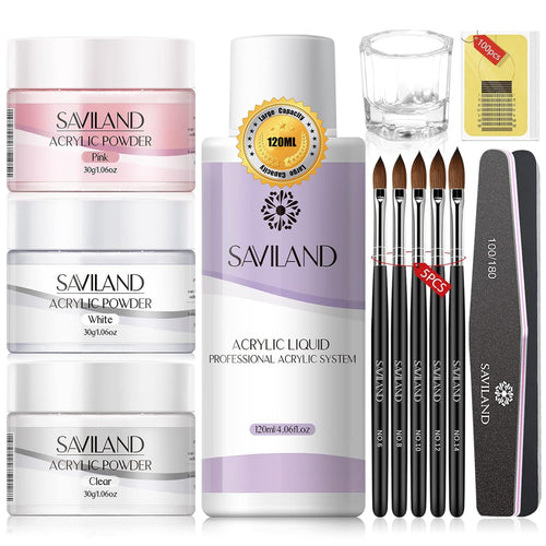Saviland Acrylic Nail Kit - Big Capacity 30g Clear Pink White Acrylic Powder and Liquid Set 120ml for Acrylic Nails Extension Beginner Nail Kit for Nail Art Designs Home DIY
